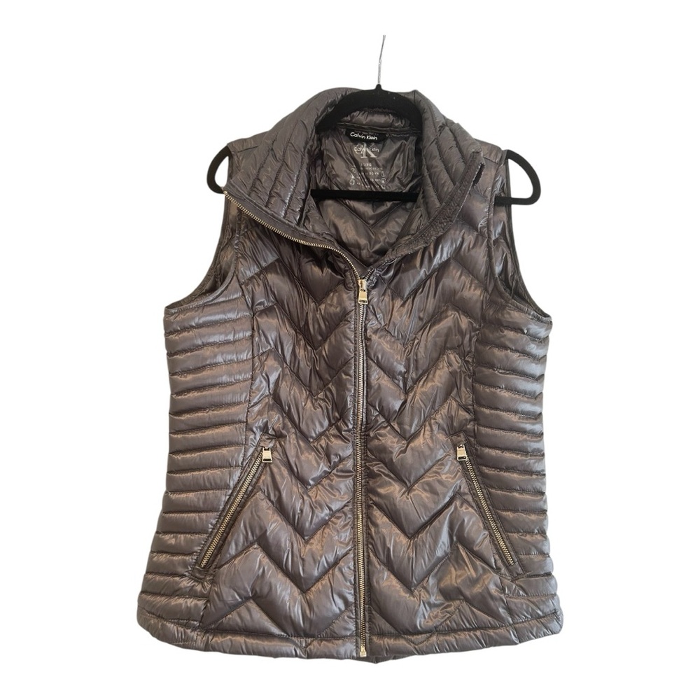 Calvin Klein Vest Women's XL Metallic Puffer Shiny Metal Zippers Down Filled - Picture 1 of 8